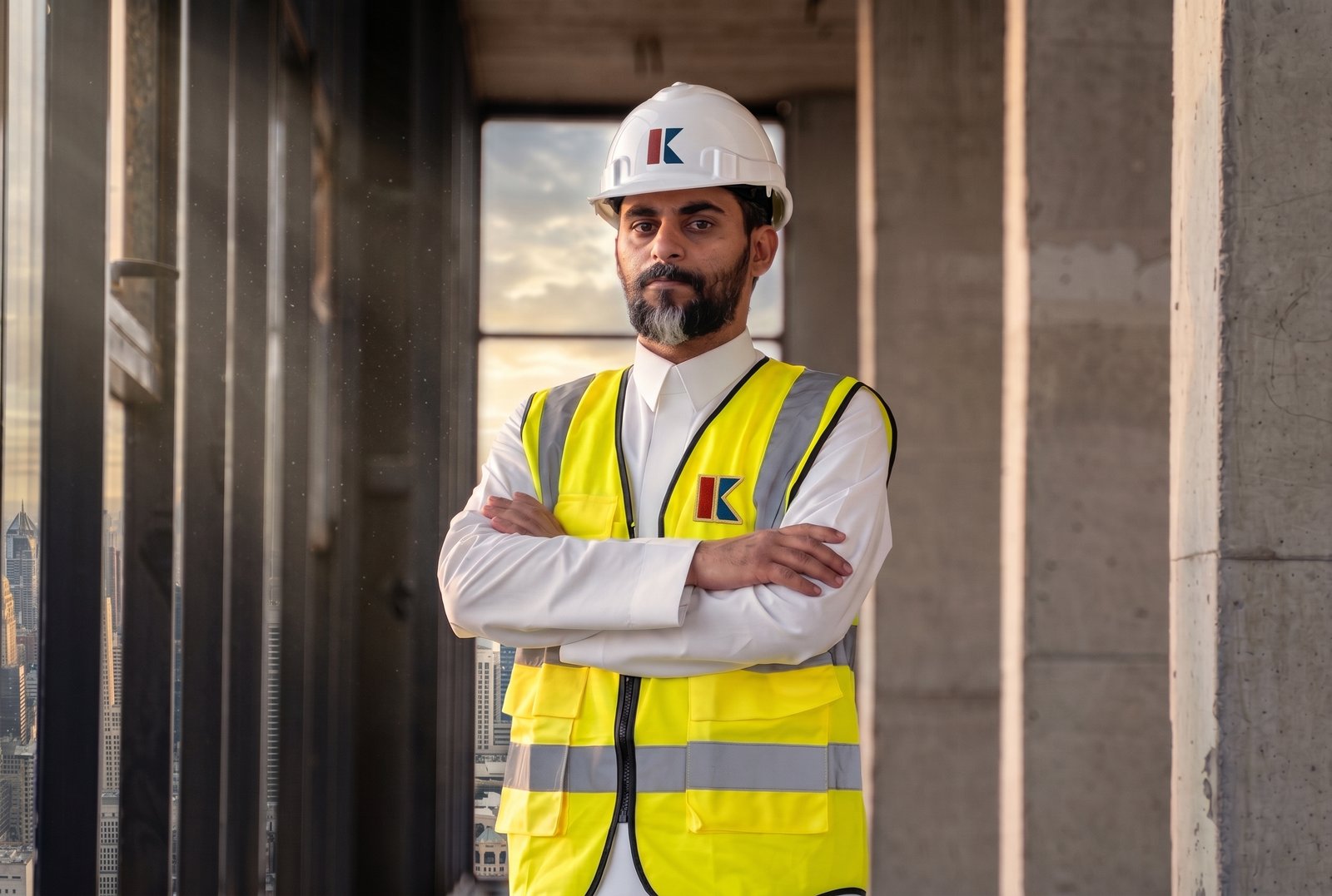 A KLEKTL site engineer in branded helmet and hi-vis vest on an unfinished floor